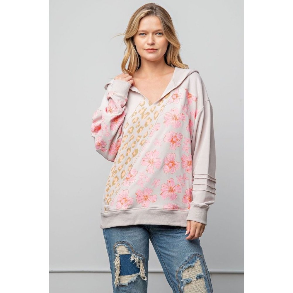 easel top easel long sleeve hood Pink Floral & Leopard Print Pullover Hoodie SM